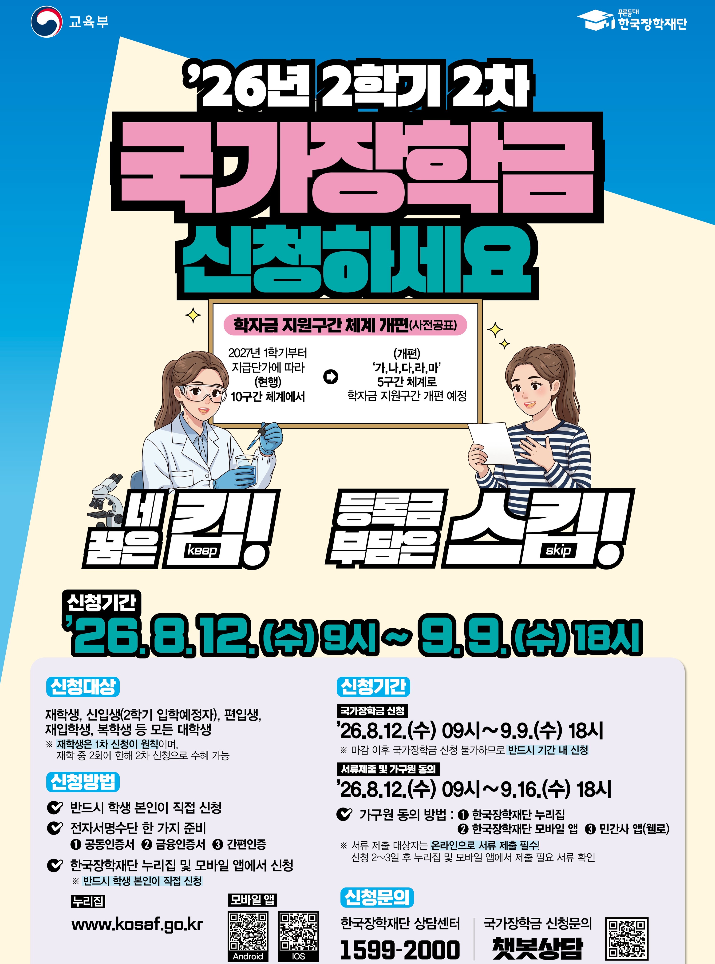 🎓 2026학년도 2학기 국가장학금 2차 신청 안내📌 신청기간🗓️ 2026. 8. 12.(수) 09:00 ~ 9. 9.(수) 18:00📌 서류제출 및 가구원 동의🗓️ 2026. 8. 12.(수) 09:00 ~ 9. 16.(수) 18:00📌 신청대상⚠️ 재학생, 신입생(2학기 입학예정자), 편입생, 재입학생, 복학생 등 모든 대학생 ※ 재학생은 1차 신청이 원칙이며, 재학 중 2회에 한해 2차 신청으로 수혜 가능📌 신청방법💻 한국장학재단 홈페이지 또는 모바일 앱 이용 ⚠️ 꼭 확인하세요! ⚠️✅ 교내장학금 수혜를 위해 국가장학금 신청은 필수입니다.국가장학금 지급 대상이 아니라고 생각되더라도 반드시 신청해 주세요.✅ 국가장학금을 받지 않을 예정이어도 신청은 필수!신청 후 대학에 '수혜 거부 의사'를 제출하면 교내장학금 심사에 불이익이 없습니다.📞 문의광주대학교 학생지원처☎ 062-670-2516, 2134